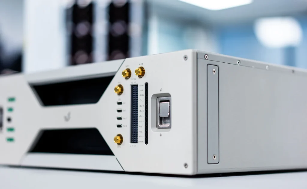 EnduroSat DeskSat flatsat system showing rear panel connectors and power interfaces used for satellite hardware testing and integration