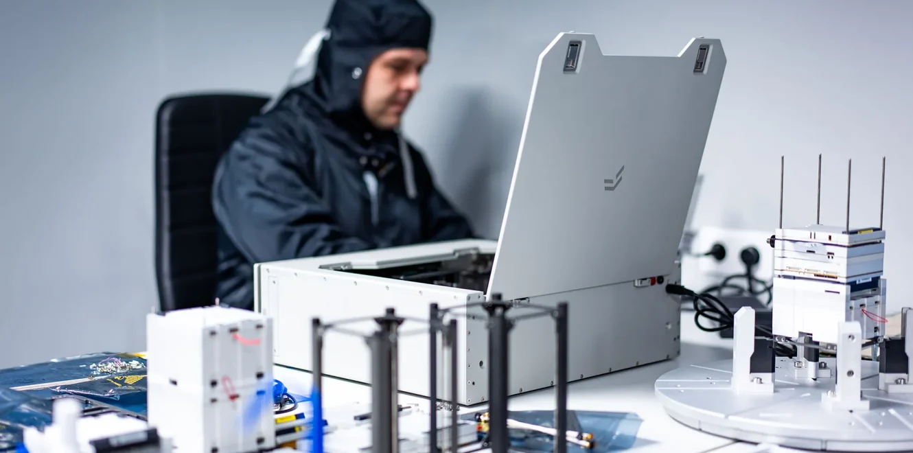 EnduroSat DeskSat flatsat used in a laboratory environment for satellite subsystem integration, testing, and validation