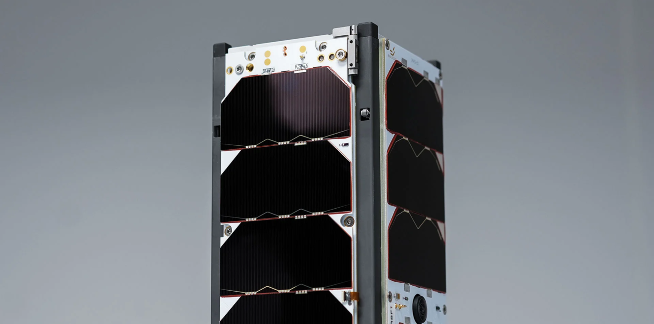 Closer look of the top part of undeployed 3U Deployable Solar Panel with grey background