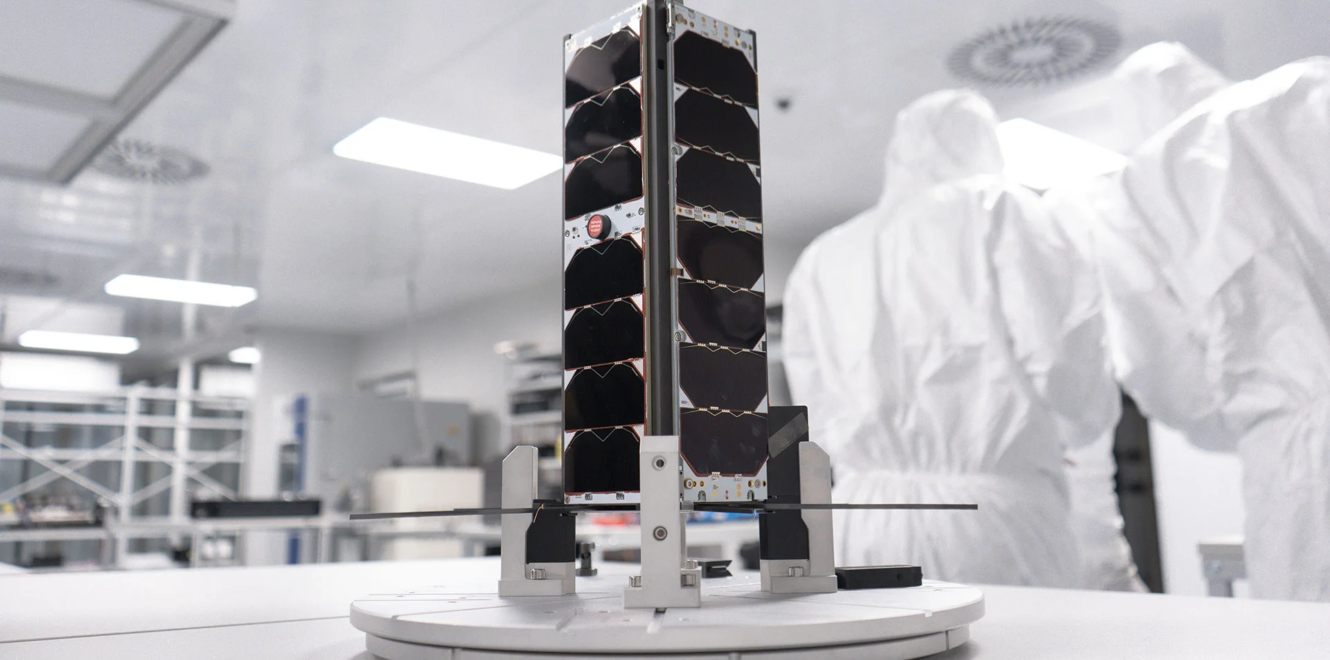 Diagonal view of undeployed 3U Deployable Solar Panel placed on a lab table
