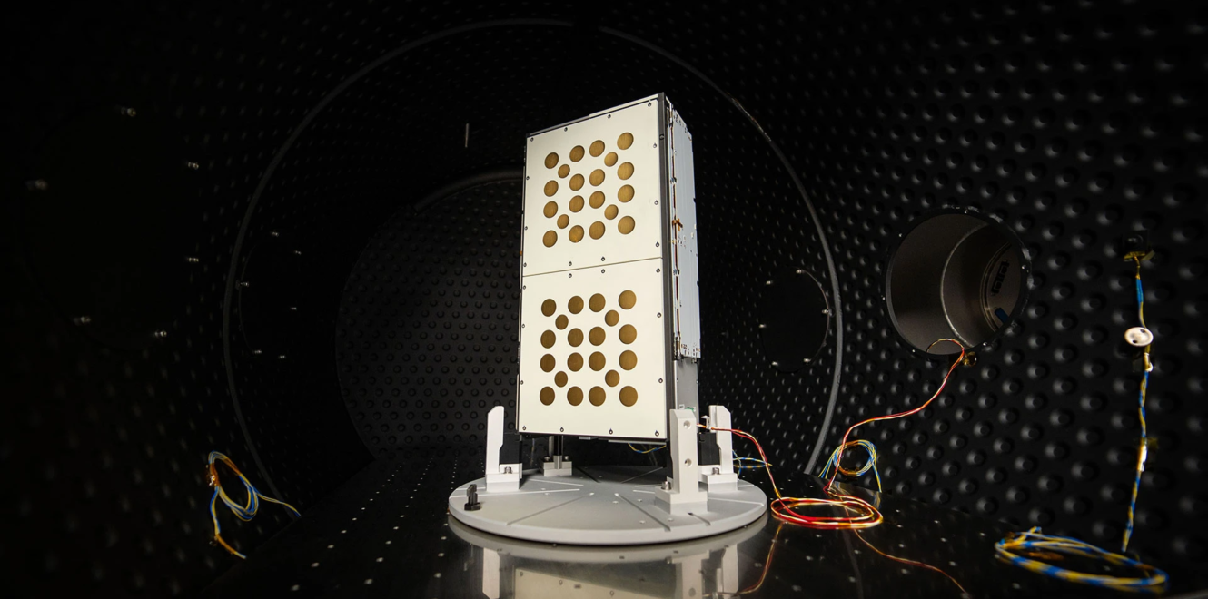 EnduroSat 8u cubesat undergoing testing inside thermal vacuum chamber