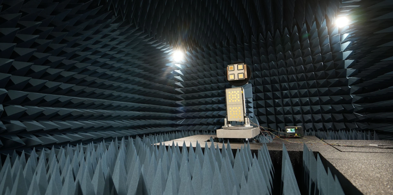 EnduroSat 8u cubesat undergoing antenna testing inside an anechoic chamber