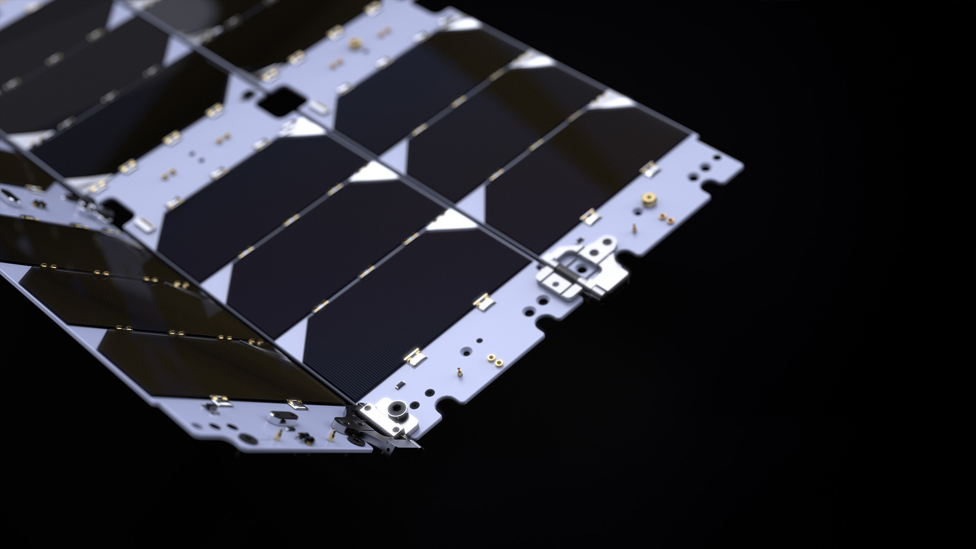 Front view of partially deployed 3U Deployable Solar Panel on black background